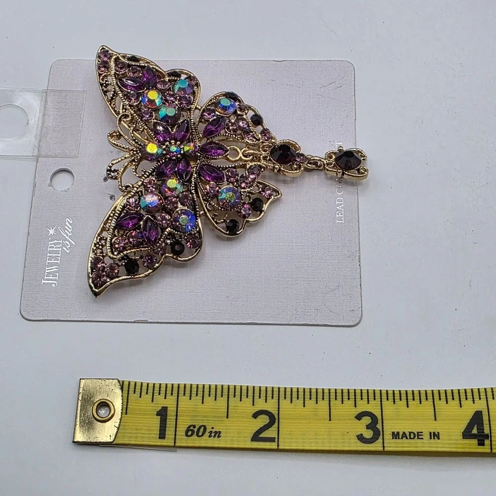 Jewelry is Fun Butterfly Brooch Rhinestone Enamel Gold Tone Purple‎ New Glam